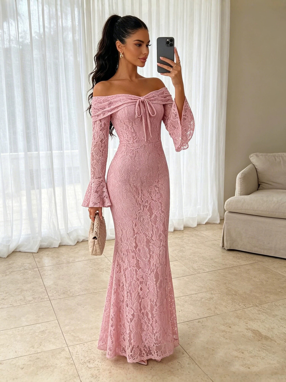 ZARA Women Fall Winter Off Shoulder Long Sleeve Lace Bodycon Dress